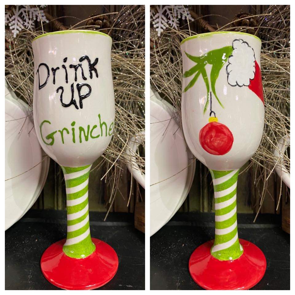 Drink up Grinches wine glass painting event Pottery